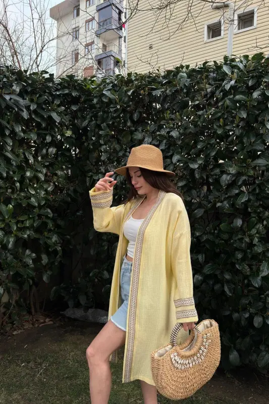 Kadın Sarı Müslin Kumaş, Hasır Şerit Detaylı Salaş Kimono Ceket-Yeşil - 5