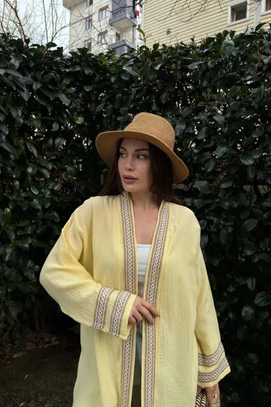 Kadın Sarı Müslin Kumaş, Hasır Şerit Detaylı Salaş Kimono Ceket - Yeşil - 2