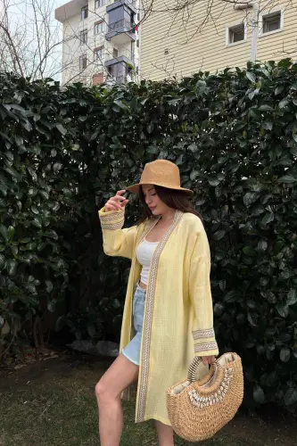 Kadın Sarı Müslin Kumaş, Hasır Şerit Detaylı Salaş Kimono Ceket - Yeşil - 5