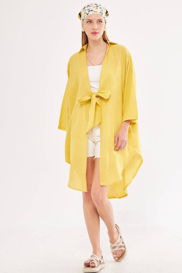 Kadın Sarı Önden Bağlamalı İnce Keten Kumaş Midi Boy Kimono Gömlek ARM-24Y001081-Sarı - 1