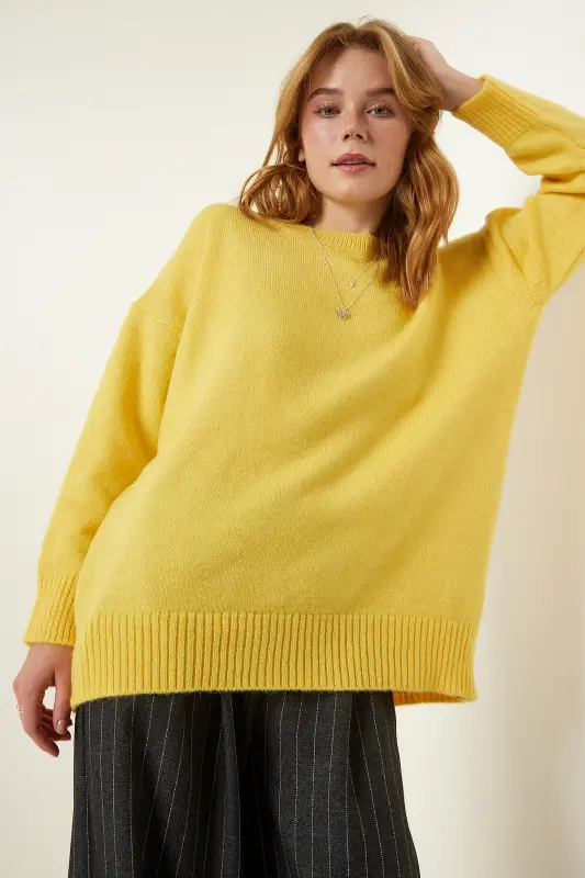 Kadın Sarı Oversize Triko Kazak PN00054-Sarı - 3
