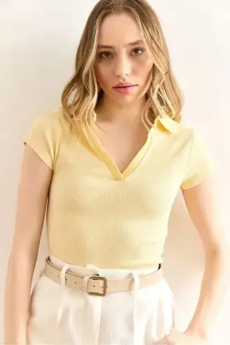 Kadın Sarı Polo Yaka Kısa Kol Likralı Pamuk Bluz BLZ-19002995-Sarı - 5
