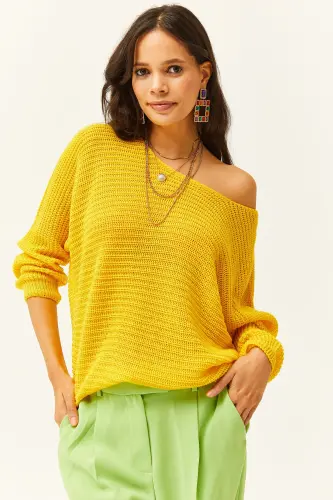 Kadın Sarı Selanik Salaş Triko Kazak KZK-19000051-Açık Sarı - OLALOOK (1)