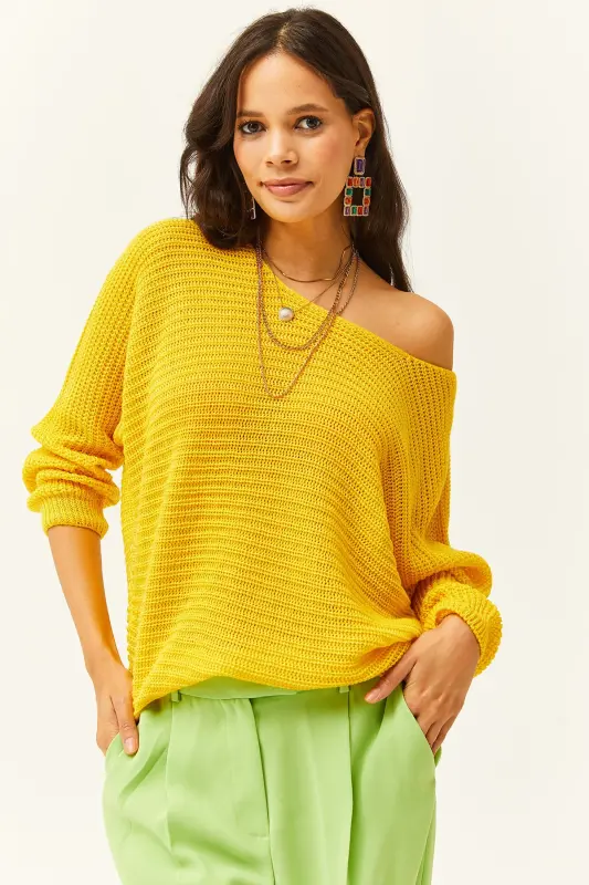 Kadın Sarı Selanik Salaş Triko Kazak KZK-19000051-Açık Sarı - 2