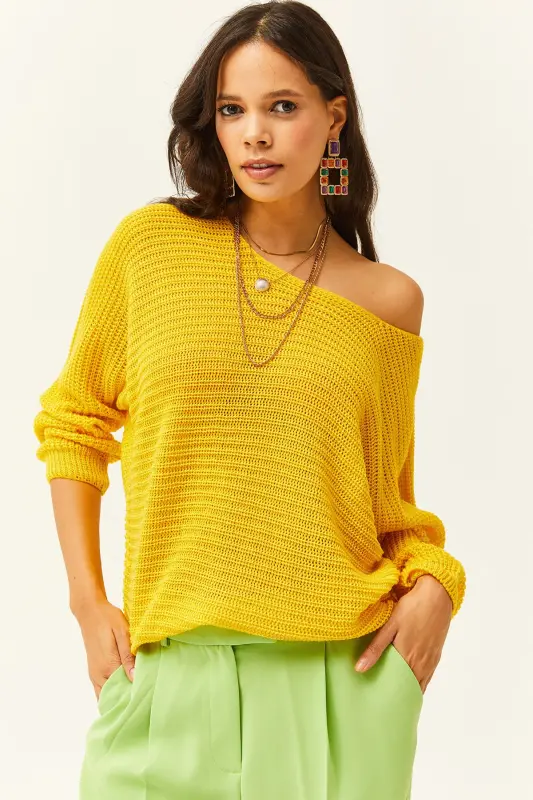 Kadın Sarı Selanik Salaş Triko Kazak KZK-19000051-Açık Sarı - 1