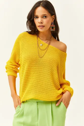 Kadın Sarı Selanik Salaş Triko Kazak KZK-19000051-Açık Sarı 