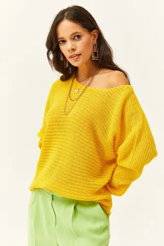 Kadın Sarı Selanik Salaş Triko Kazak KZK-19000051-Açık Sarı - 3