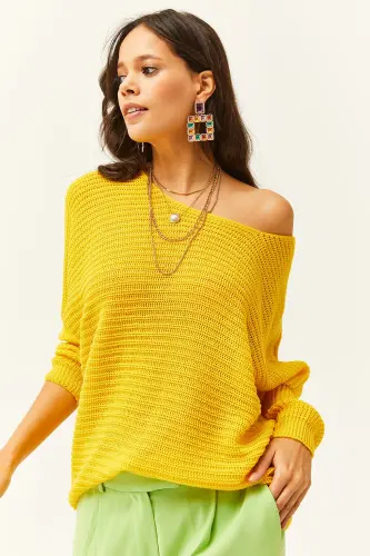 Kadın Sarı Selanik Salaş Triko Kazak KZK-19000051-Açık Sarı - 4