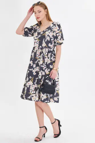 Kadın Sarı U Yaka Kolları Lastikli Beli Büzgülü Midi Boy Elbise ARM-25Y001003-Sarı - 4