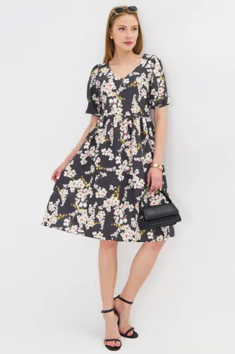 Kadın Sarı U Yaka Kolları Lastikli Beli Büzgülü Midi Boy Elbise ARM-25Y001003-Sarı - 1