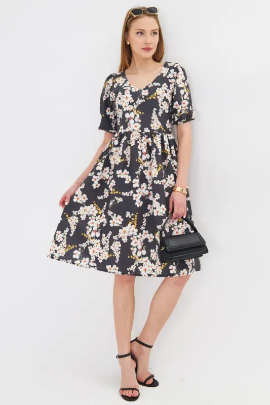 Kadın Sarı U Yaka Kolları Lastikli Beli Büzgülü Midi Boy Elbise ARM-25Y001003-Sarı - 1