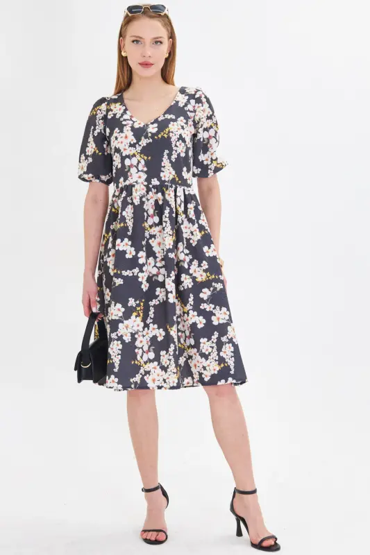 Kadın Sarı U Yaka Kolları Lastikli Beli Büzgülü Midi Boy Elbise ARM-25Y001003-Sarı - 2