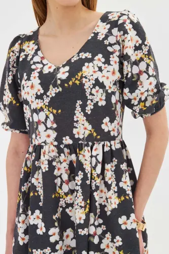 Kadın Sarı U Yaka Kolları Lastikli Beli Büzgülü Midi Boy Elbise ARM-25Y001003-Sarı - 3