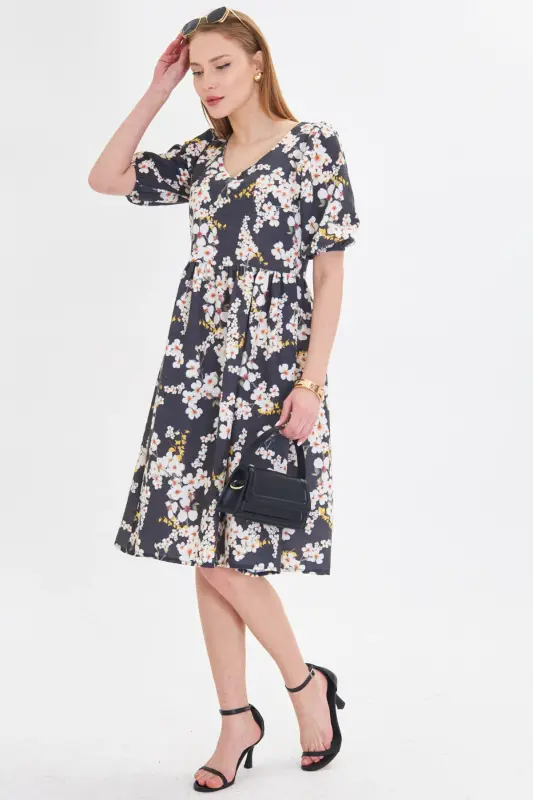 Kadın Sarı U Yaka Kolları Lastikli Beli Büzgülü Midi Boy Elbise ARM-25Y001003-Sarı - 4