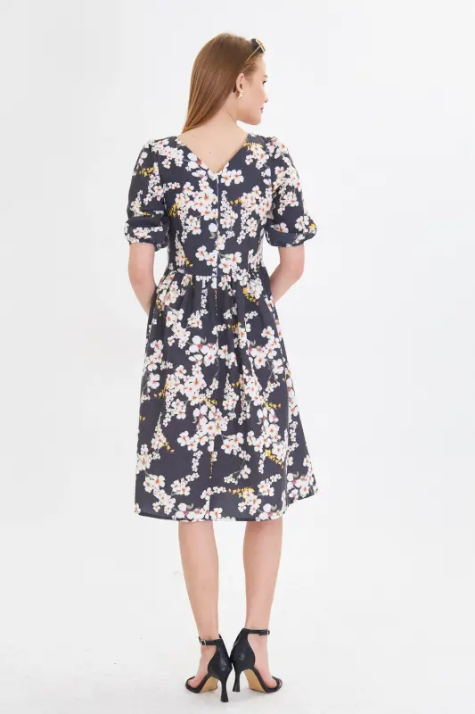 Kadın Sarı U Yaka Kolları Lastikli Beli Büzgülü Midi Boy Elbise ARM-25Y001003-Sarı - 5