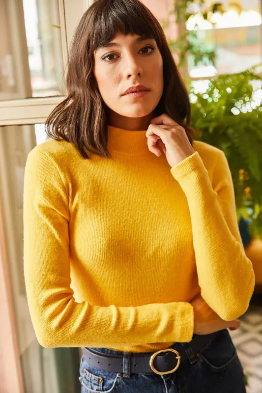 Kadın Sarı Yarım Balıkçı Şardonlu Kaşkorse Body BLZ-19000599-Sarı - 1