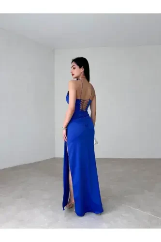 Kadın Sarkıt Kumaş Detaylı Sırttan İp Bağlamalı Derin Yırtmaçlı Maxi Abiye & Mezuniyet Elbisesi-Sax Mavisi - MİSSCİXFASHİON (1)