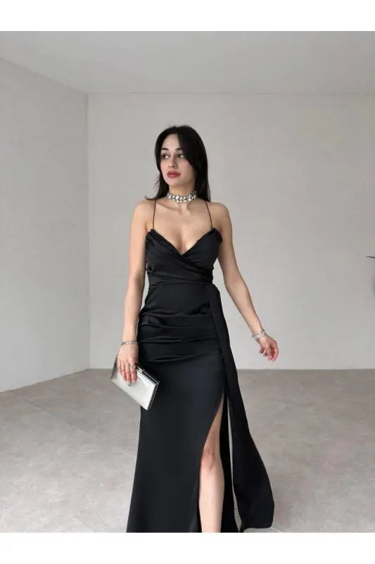 Kadın Sarkıt Kumaş Detaylı Sırttan İp Bağlamalı Derin Yırtmaçlı Maxi Abiye & Mezuniyet Elbisesi-Siyah - MİSSCİXFASHİON