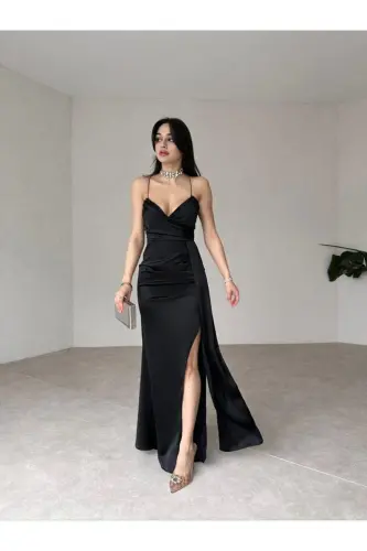 Kadın Sarkıt Kumaş Detaylı Sırttan İp Bağlamalı Derin Yırtmaçlı Maxi Abiye & Mezuniyet Elbisesi-Siyah - MİSSCİXFASHİON (1)