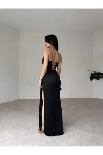 Kadın Sarkıt Kumaş Detaylı Sırttan İp Bağlamalı Derin Yırtmaçlı Maxi Abiye & Mezuniyet Elbisesi-Siyah - 3