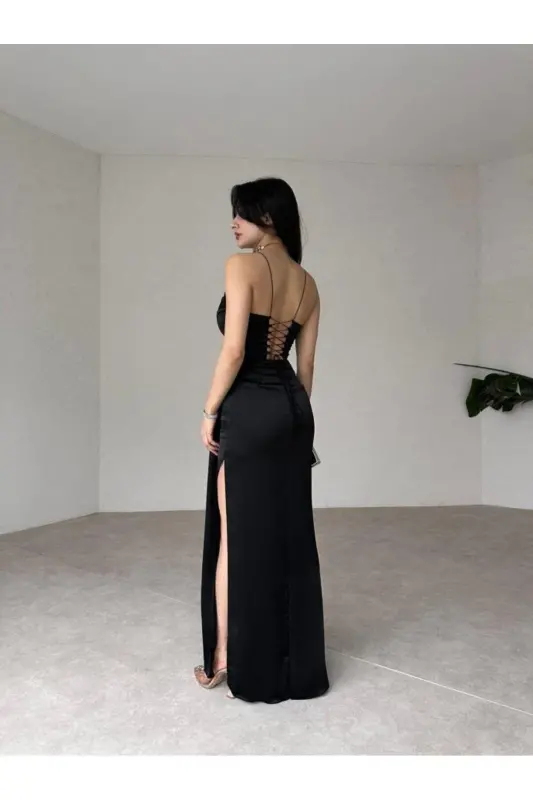 Kadın Sarkıt Kumaş Detaylı Sırttan İp Bağlamalı Derin Yırtmaçlı Maxi Abiye & Mezuniyet Elbisesi-Siyah - 3