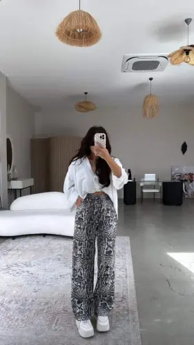 Kadın Saten Kumaş Leopar Desenli Pantolon - 3