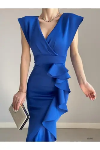 Kadın Sax Scuba Dalgıç Kumaş Kruvaze Yaka Eteği Volanlı Abiye Mezuniyet Nikah Elbise - sax - ALFUDO MODA COLLECTION (1)
