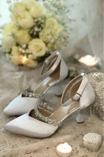 Kadın Sedef Kırık Beyaz 7 Cm Kadeh Topuklu Taşlı Rahat Stiletto Gelin Ayakkabısı - SEDEF BEYAZ - 3