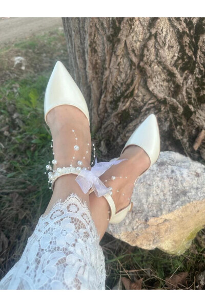 Kadın Sedef Kırık Beyaz Rahat 5 Cm Kadeh Topuklu Incili Stiletto Gelin Ayakkabısı - 4