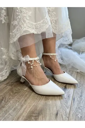 Kadın Sedef Kırık Beyaz Rahat 5 Cm Kadeh Topuklu Incili Stiletto Gelin Ayakkabısı - SEEDEF BEYAZ 