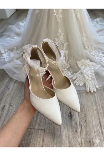 Kadın Sedef Kırık Beyaz Rahat 5 Cm Kadeh Topuklu Incili Stiletto Gelin Ayakkabısı - SEEDEF BEYAZ - 3