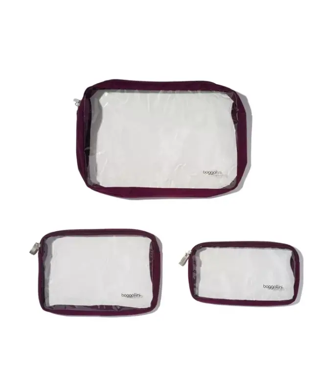Women's Clear Travel Pouches, Set of 3 - Mulberry - BAGGALLINI