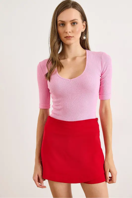 Kadın Şeker Pembe Derin V Yaka Duble Kol Esnek Pamuk Bluz BLZ-19002951 - Şeker Pembe - OLALOOK