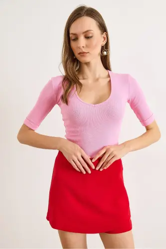 Kadın Şeker Pembe Derin V Yaka Duble Kol Esnek Pamuk Bluz BLZ-19002951 - Şeker Pembe - 6