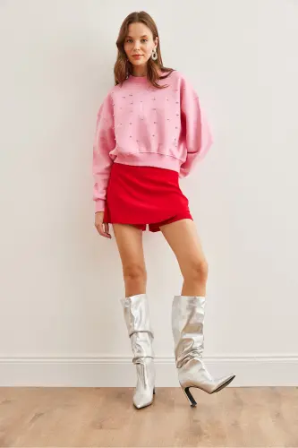 Kadın Şeker Pembe İnci Detaylı Şardonlu Crop Kalın Sweatshirt SWT-19000663 - Şeker Pembe - 4