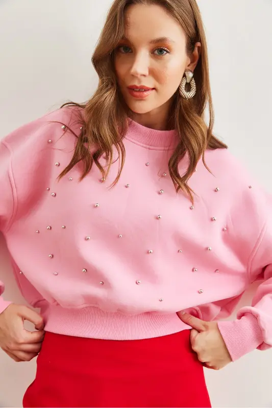 Kadın Şeker Pembe İnci Detaylı Şardonlu Crop Kalın Sweatshirt SWT-19000663 - Şeker Pembe - 7