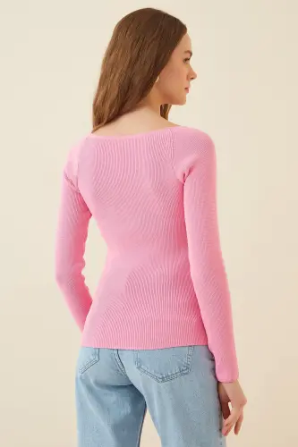 Kadın Şeker Pembe Kalp Yaka Fitilli Triko Kazak US00738 - Şeker Pembe - 4
