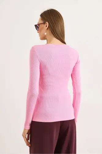 Kadın Şeker Pembe Kayık Yaka Fitilli Esnek Pamuk Bluz BLZ-19002795-Şeker Pembe - OLALOOK (1)