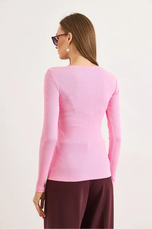 Kadın Şeker Pembe Kayık Yaka Fitilli Esnek Pamuk Bluz BLZ-19002795-Şeker Pembe - 2