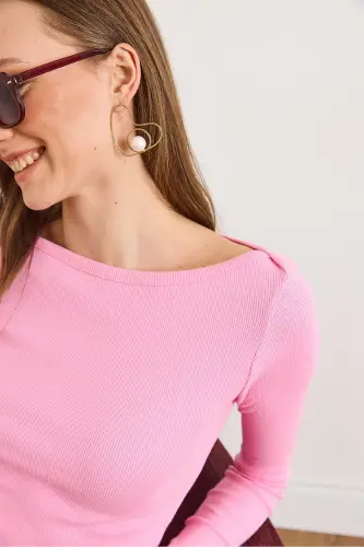Kadın Şeker Pembe Kayık Yaka Fitilli Esnek Pamuk Bluz BLZ-19002795-Şeker Pembe - 6