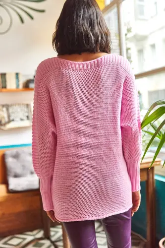 Kadın Şeker Pembe Kol Detaylı Petek Örgü Kazak-Şeker Pembe - 6