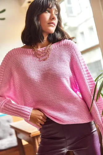 Kadın Şeker Pembe Kol Detaylı Petek Örgü Kazak-Şeker Pembe - 5