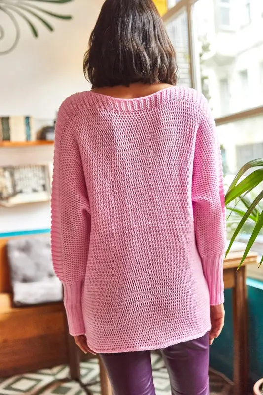 Kadın Şeker Pembe Kol Detaylı Petek Örgü Kazak-Şeker Pembe - 6