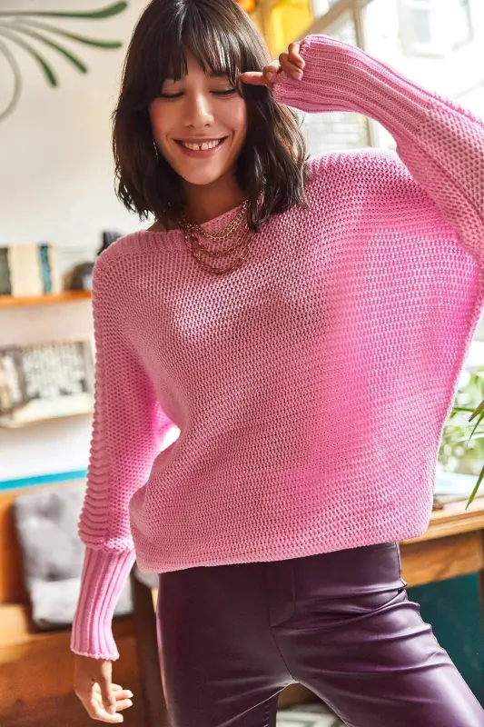 Kadın Şeker Pembe Kol Detaylı Petek Örgü Kazak-Şeker Pembe - 3