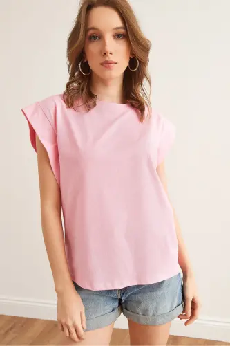 Kadın Şeker Pembe Koltuk Altı Parçalı Yarasa Tişört TSH-19000330-Şeker Pembe - 3