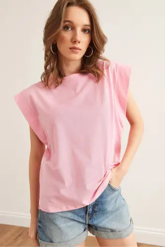 Kadın Şeker Pembe Koltuk Altı Parçalı Yarasa Tişört TSH-19000330-Şeker Pembe - 5
