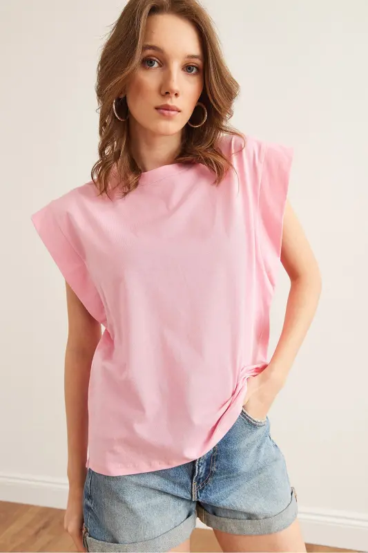Kadın Şeker Pembe Koltuk Altı Parçalı Yarasa Tişört TSH-19000330-Şeker Pembe - 5