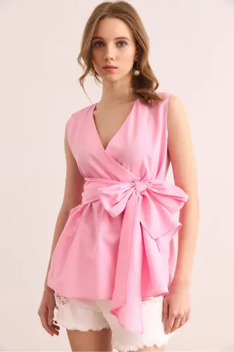 Kadın Şeker Pembe Kruvaze Yaka Kuşaklı Dokuma Bluz BLZ-19002914 - Şeker Pembe - 3