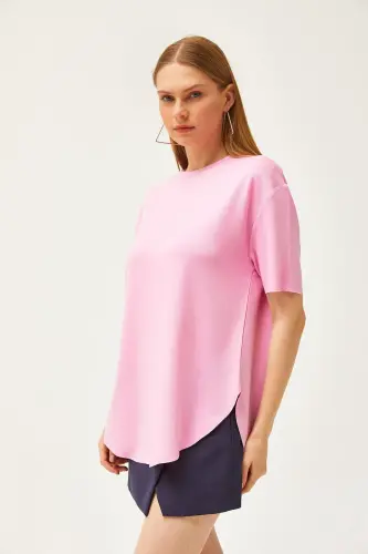 Kadın Şeker Pembe Modal Tuşeli Yumuşak Dokulu Altı Oval Tişört TSH-19000771-Şeker Pembe - OLALOOK (1)