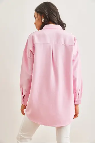 Kadın Şeker Pembe Nakışlı İncili Yün Efektli Oversize Kışlık Gömlek GML-19001159-Şeker Pembe - OLALOOK (1)